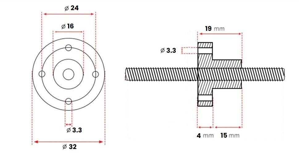 Boccola in ottone per vite trapezia Ø10 mm pitch 2 mm 1 principio